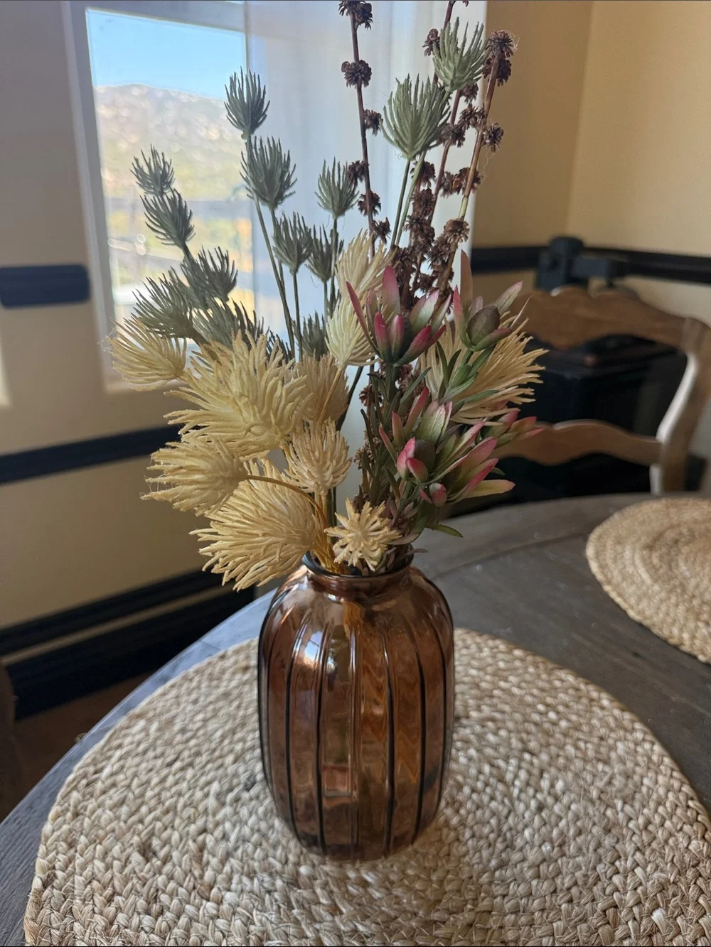 Floral Decor with Amber colored Vase Boho Farmhouse Hacienda
